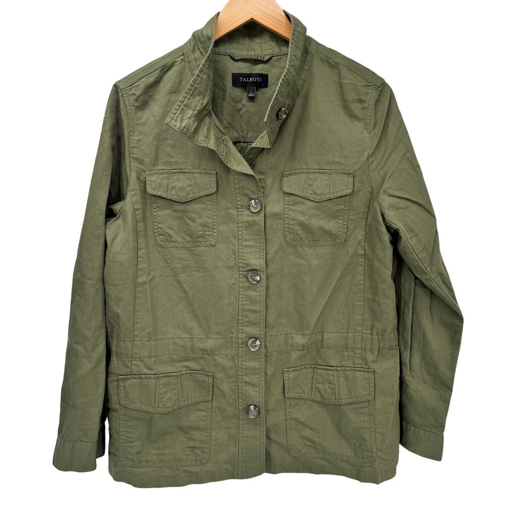 Talbots Field Jacket Womens Large Green Button Up Coastal Cotton Linen Blend
